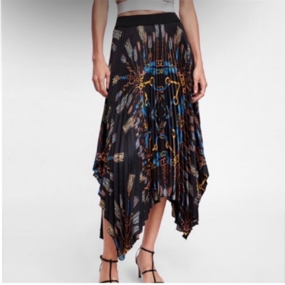 Zara Asymmetrical Chain and Tassel Printed Pleated Skirt
